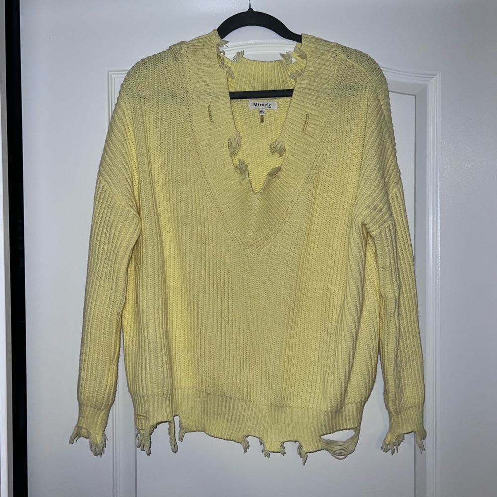 Yellow V-Neck Distressed Sweater